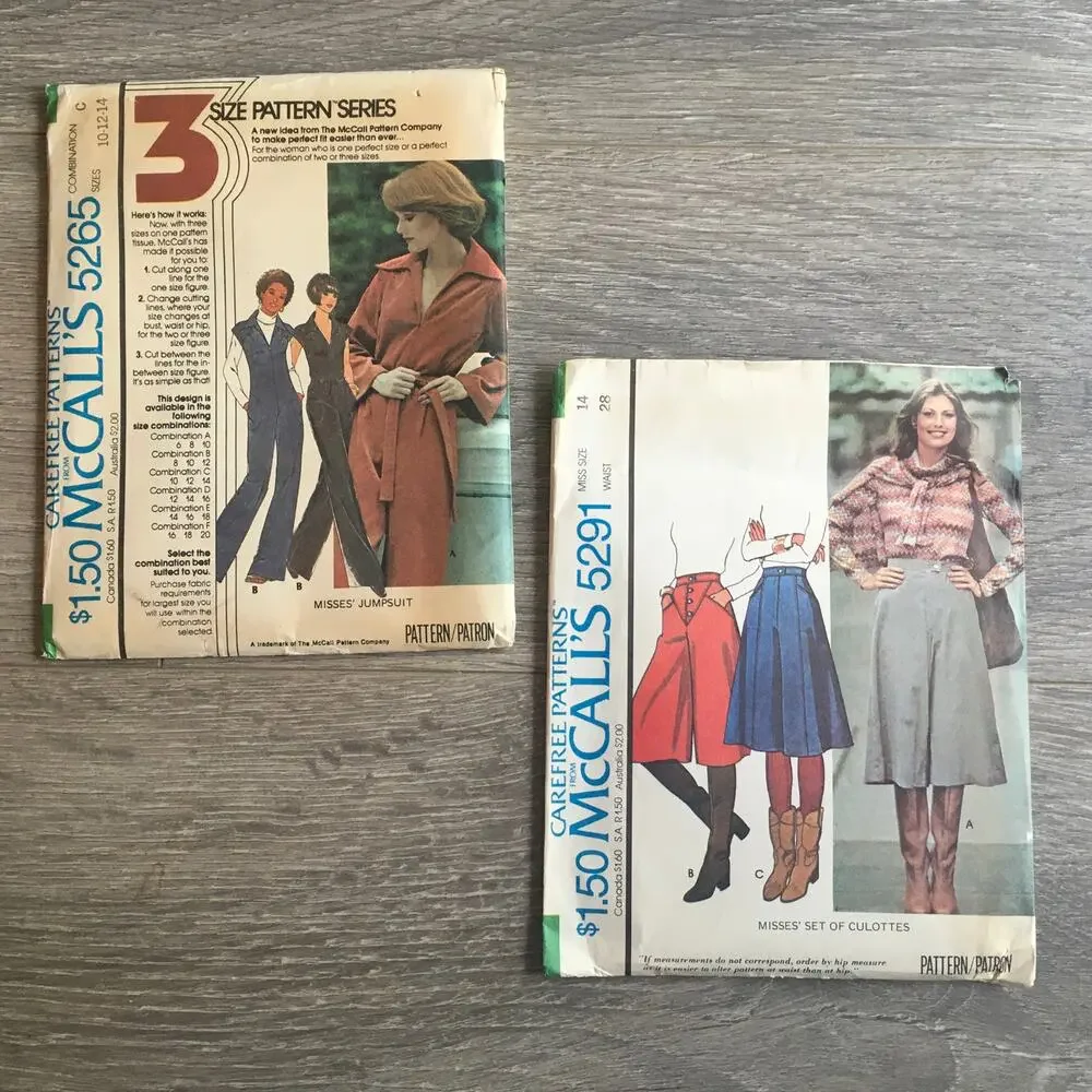 McCalls Sewing Pattern 5265 5291 Vintage 70s Jumpsuit Culottes 10-14 UNCUT
